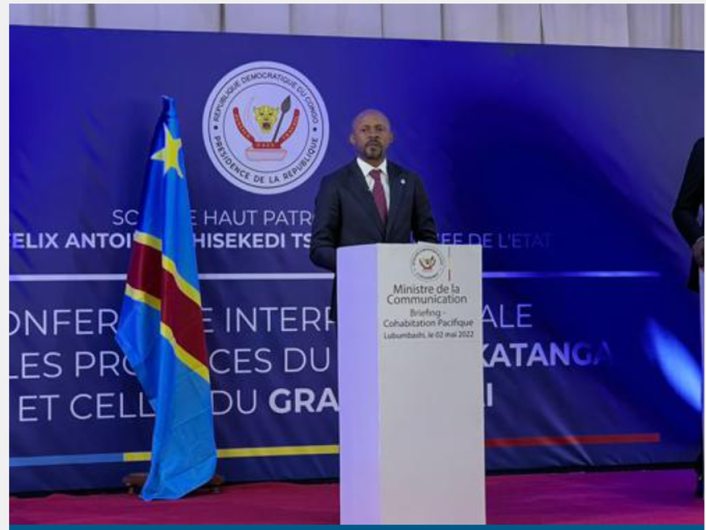 [Archives] Le ministre de la Communication et Médias, Patrick Muyaya lors de la Conférence sur la restitution de la table ronde interprovinciale Grand-Katanga-Grand-Kasaï Ministère de la Communication et Médias.