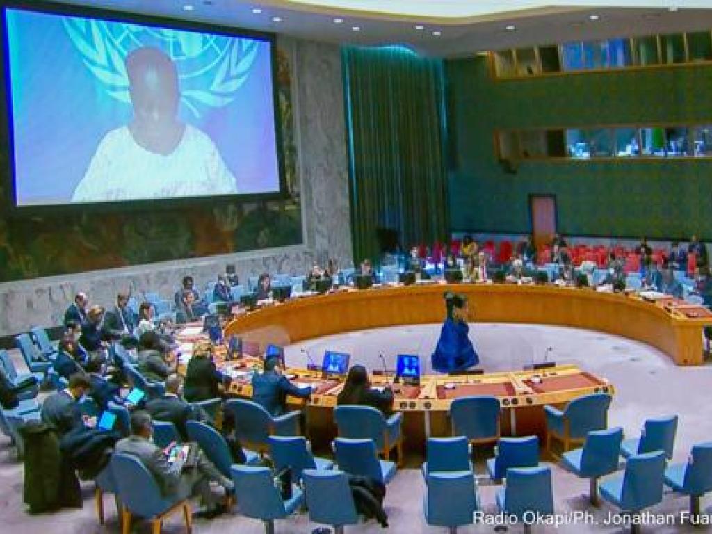 Bintou Keïta,la représentante spéciale du secrétaire général des Nations Unies en RDC lors de sa prise de parole en visioconférence au conseil de sécurité de l'ONU. Kinshasa, le 29 mars 2022. Radio Okapi.Ph/Jonathan Fuanani