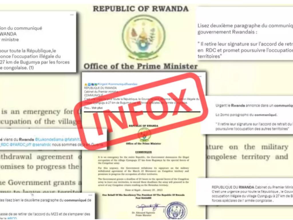 Le Rwanda n'a jamais publié ce communiqué qui lui est faussement attribué sur les réseaux sociaux ces derniers jours. © Captures d'écran/ Montage RFI