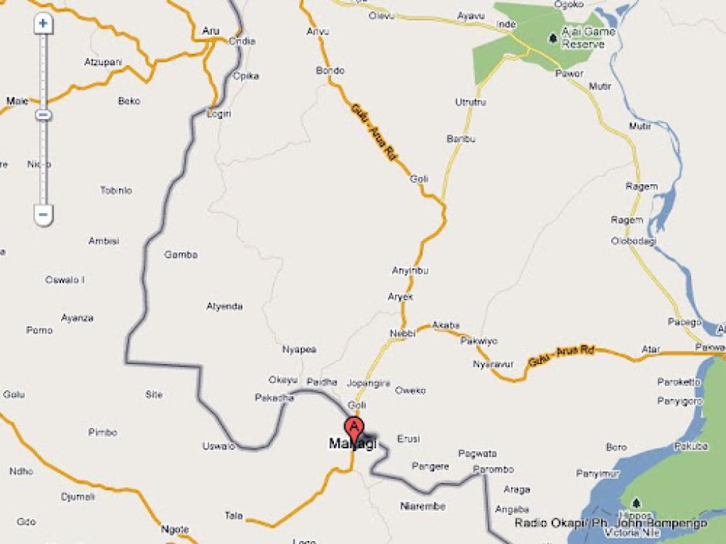 En point A, le territoire de Mahagi dans le district de l'Ituri en RDC, localisé sur Google Map.