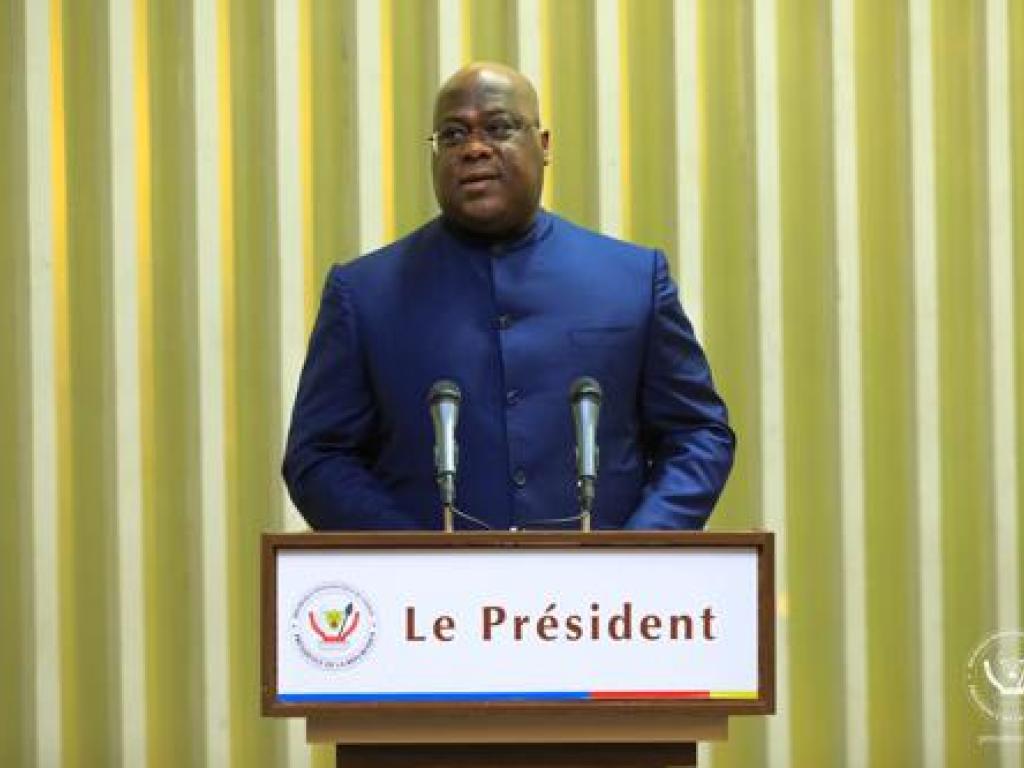 Le Président Félix Tshisekedi à la cérémonie de clôture et d'ouverture de la 7è et 8è promotion de l'École Nationale d'Administration (ENA) à Kinshasa le 3/12/2022. Présidence RDC