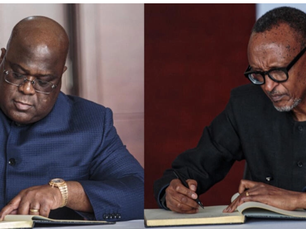 Le président de la RDC Felix Tshisekedi (gauche) et son homologue rwandais, Paul Kagame (droite), lors du sommet extraordinaire de la communauté est-africaine (EAC), le samedi 4 février 2023. © Tchandrou Nitanga / AFP - Montage RFI