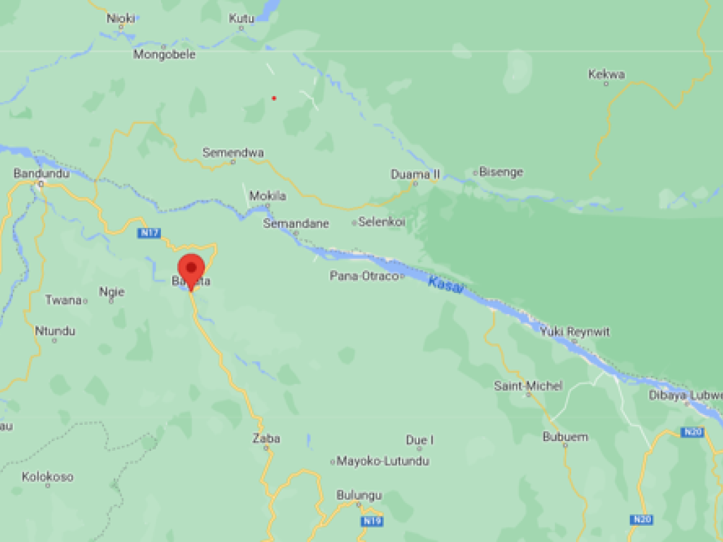 Point rouge sur la carte, le territoire de Bagata dans la province de Kwilu. Google maps