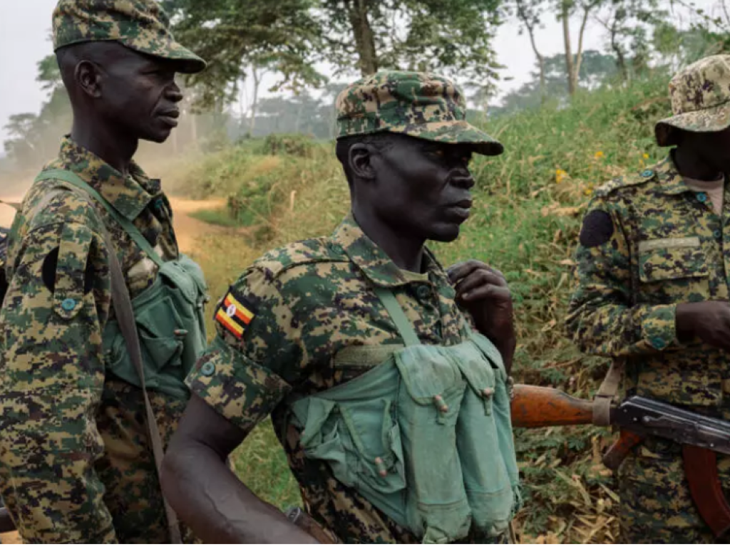 Des soldats des Forces de défense du peuple ougandais (UPDF) et un soldat des Forces armées de la RDC (FARDC) (à l'arrière-plan), dans une opération au Nord-Kivu, dans l'est de la RDC, le 17 décembre 2024. AFP - PHILEMON BARBIER
